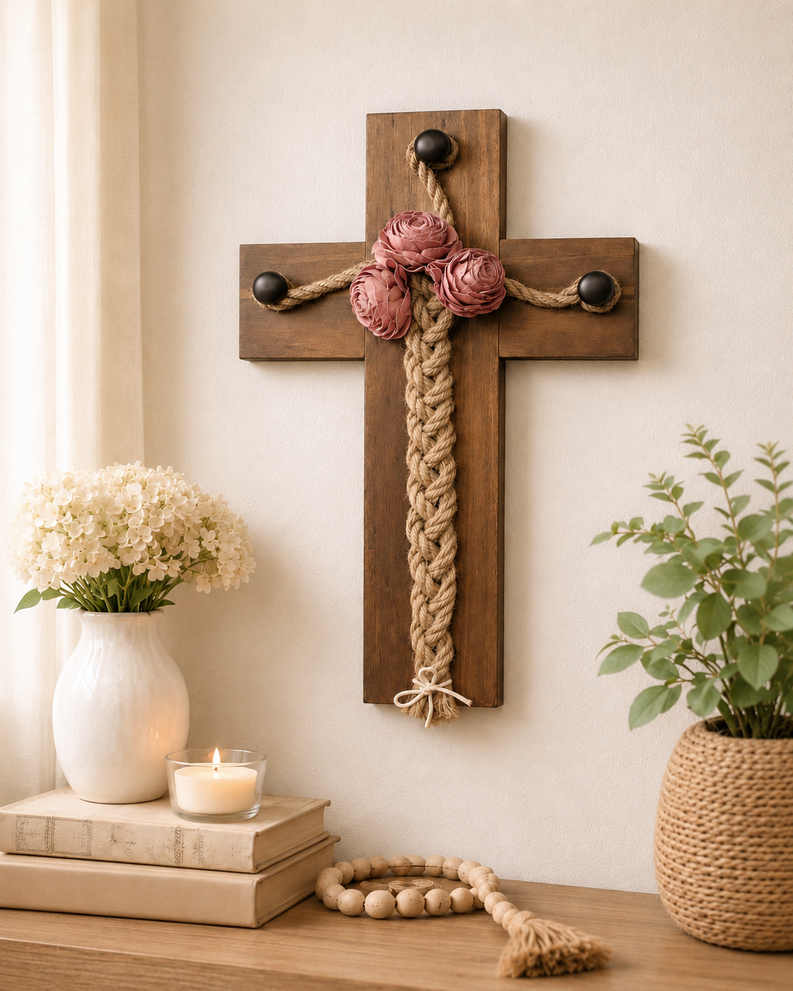 Cruz Decorativa de Madera con Mecate y Flores