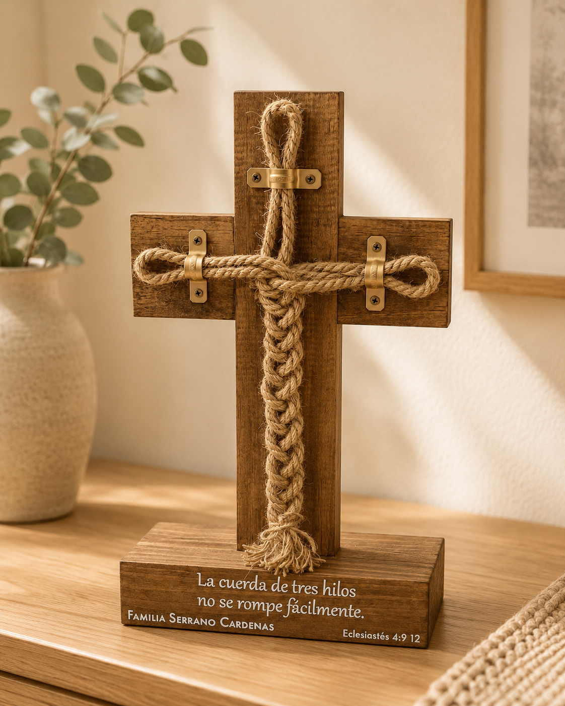 Cruz Decorativa con Mecate y Base
