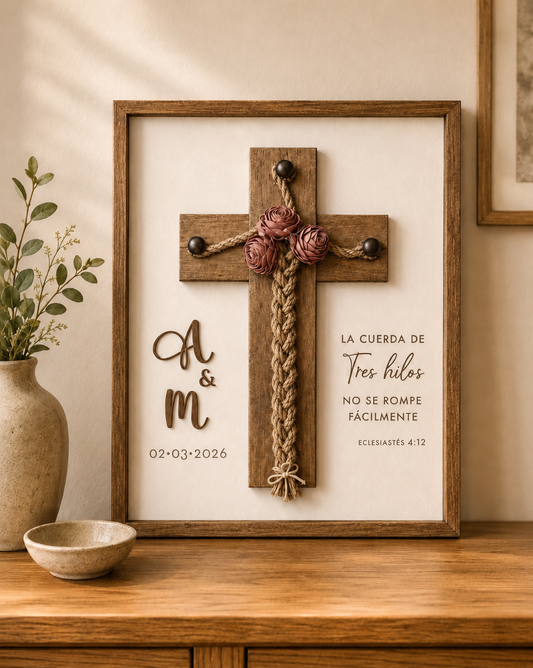 Cuadro Personalizado con Cruz de Mecate y Flores
